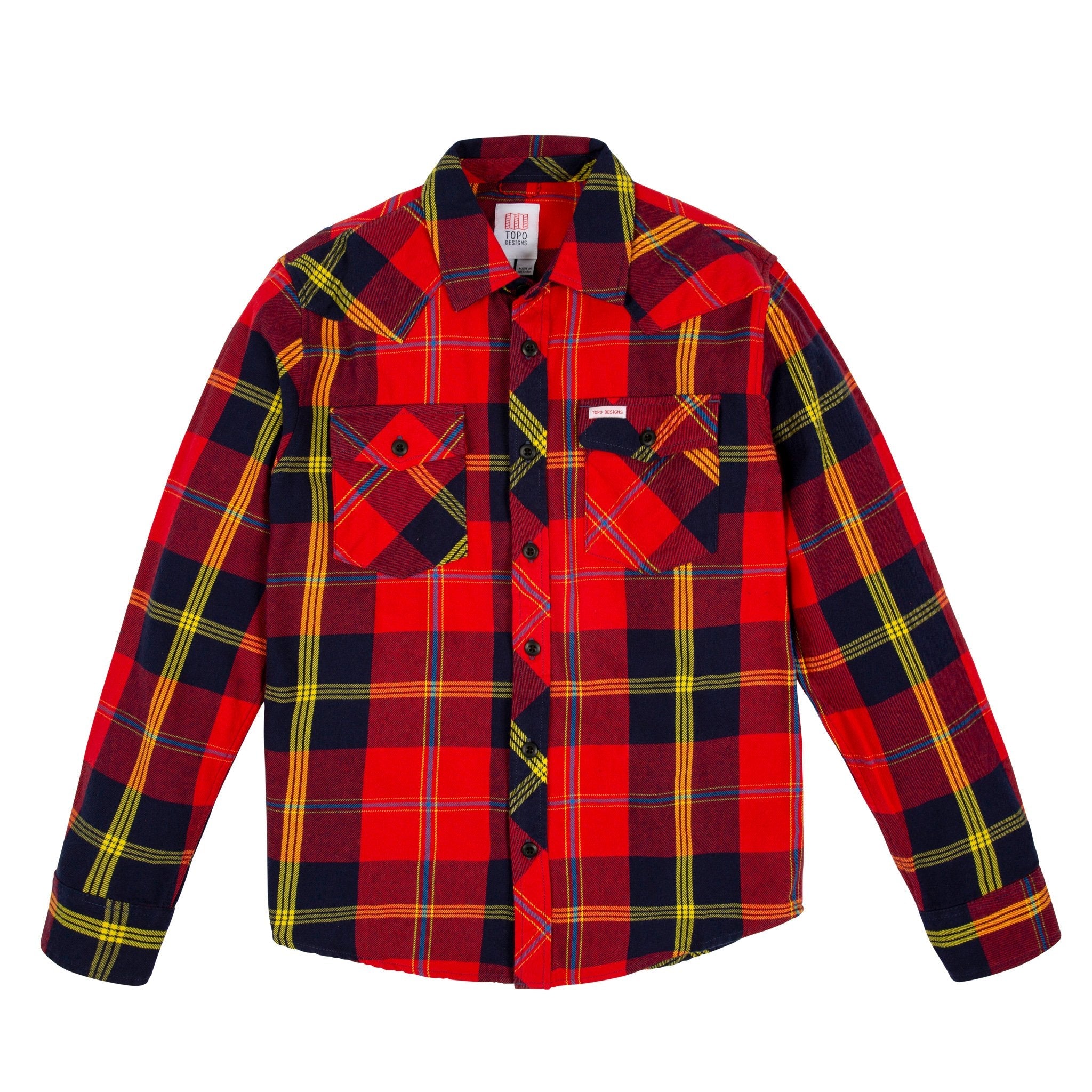 Topo Designs men's mountain organic cotton flannel shirt in "red multi" plaid