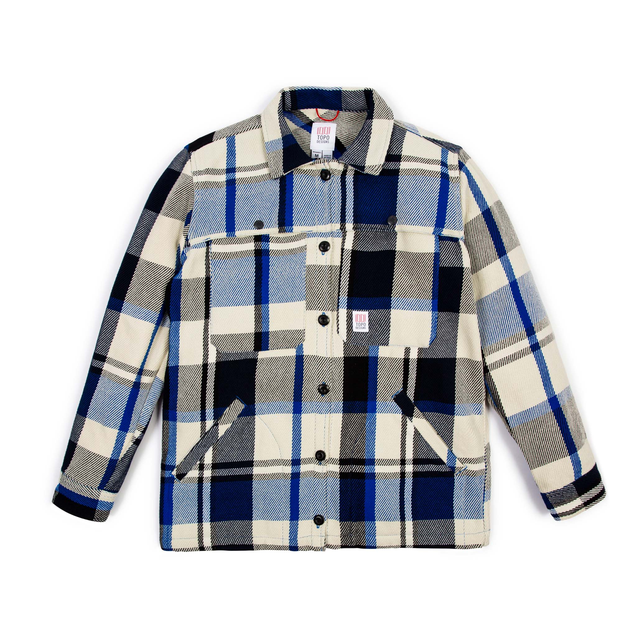 Topo Designs Women's Mountain Shirt Jacket in natural white blue black plaid.