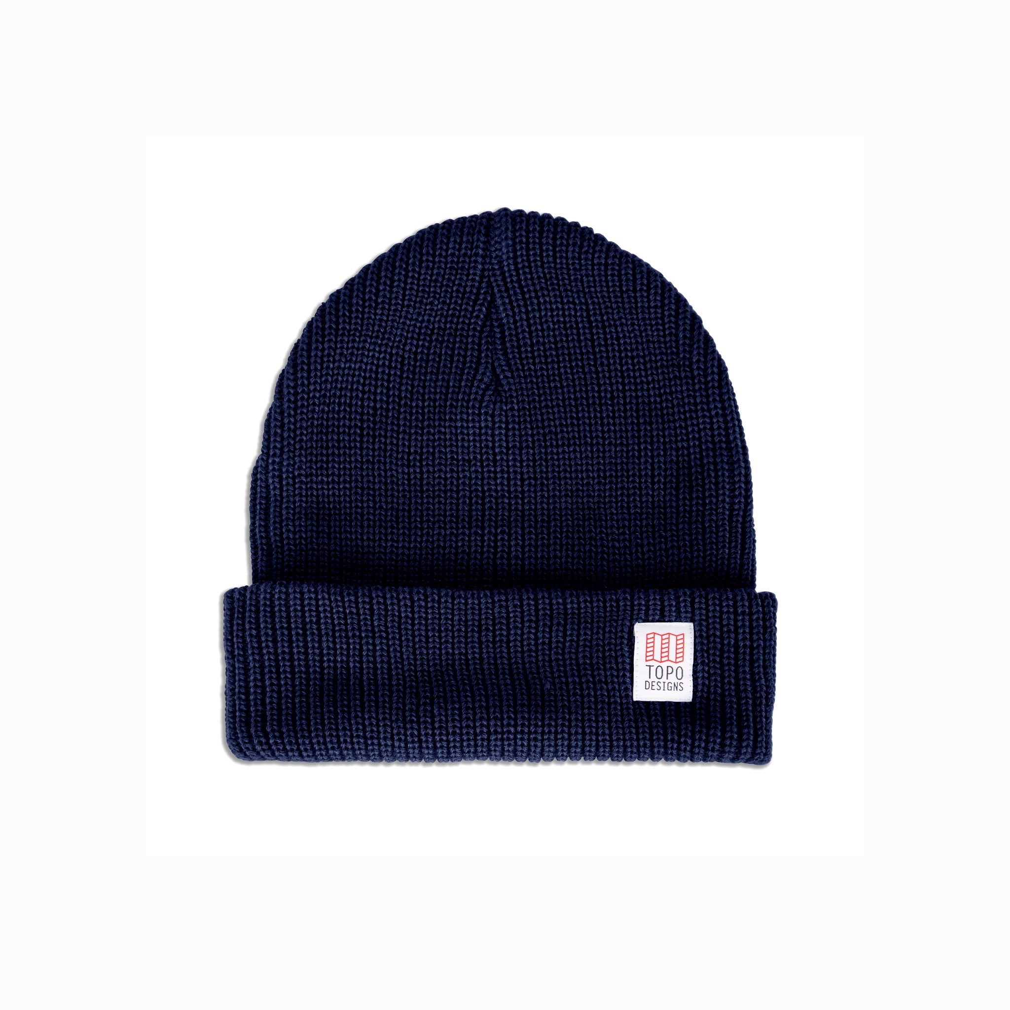 Topo Designs Watch Cap knit beanie in "Navy" blue.