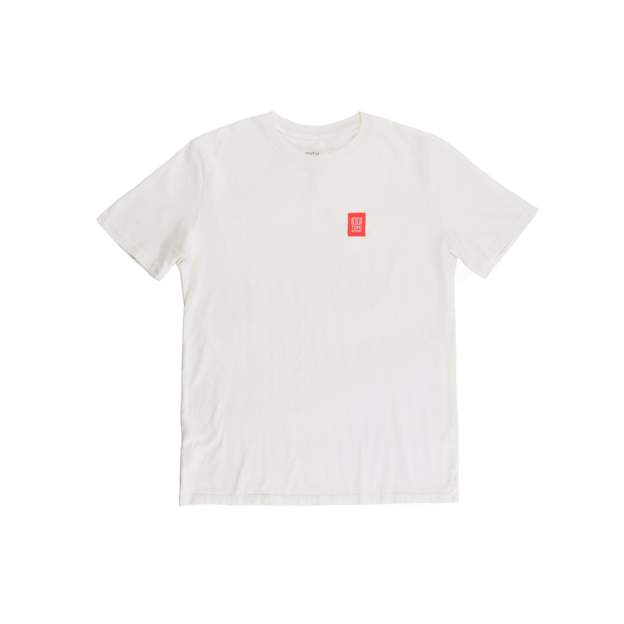 Front product shot of Topo Designs Men's Label short sleeve t-shirt in "Natural" white.