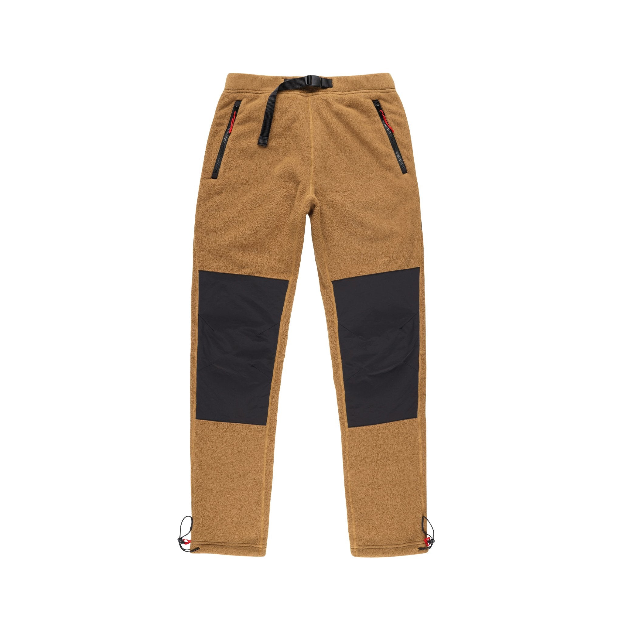 Topo Designs Men's Fleece Pants in "Dark Khaki / Black" brown with black knee and rear reinforcements.