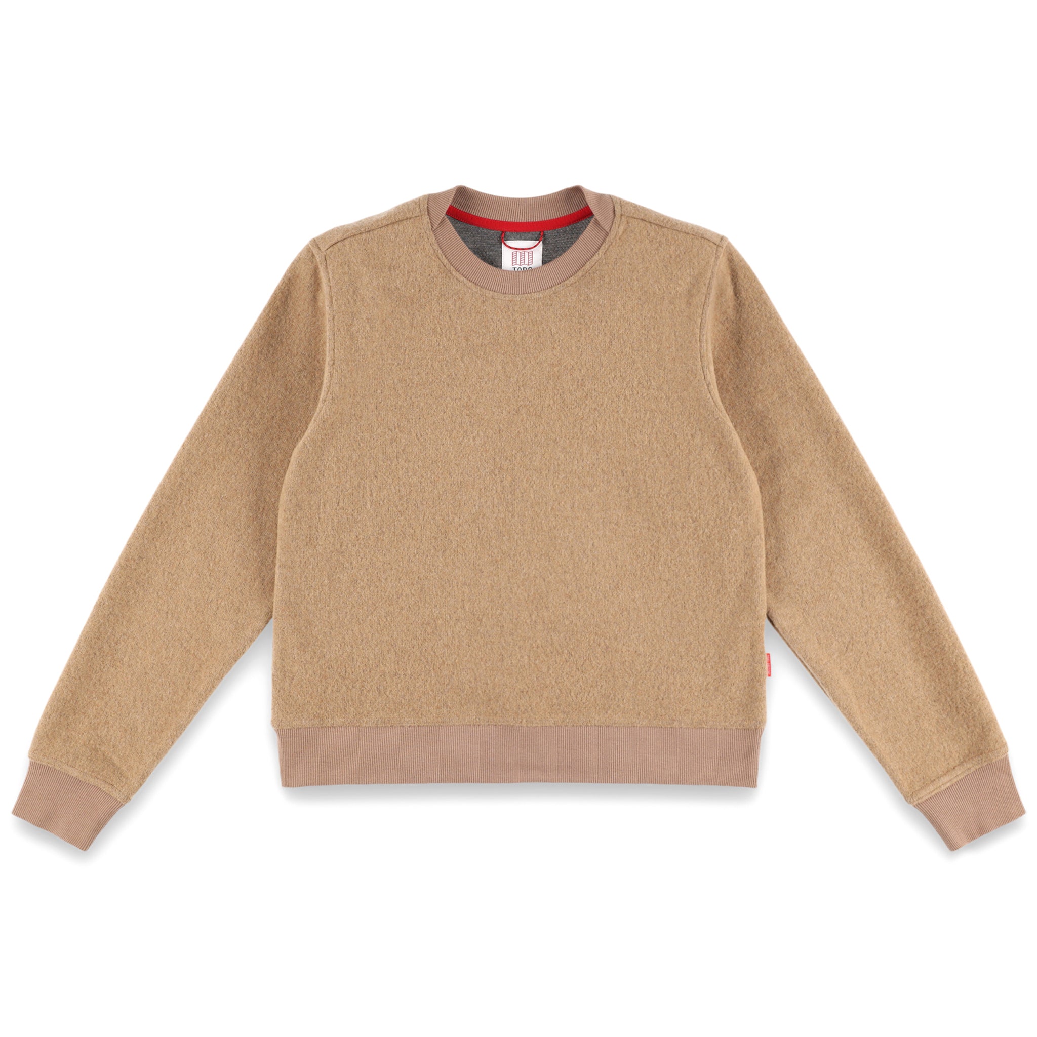 Topo Designs Women's Global Sweater recycled Italian wool crewneck pullover in "Camel" brown