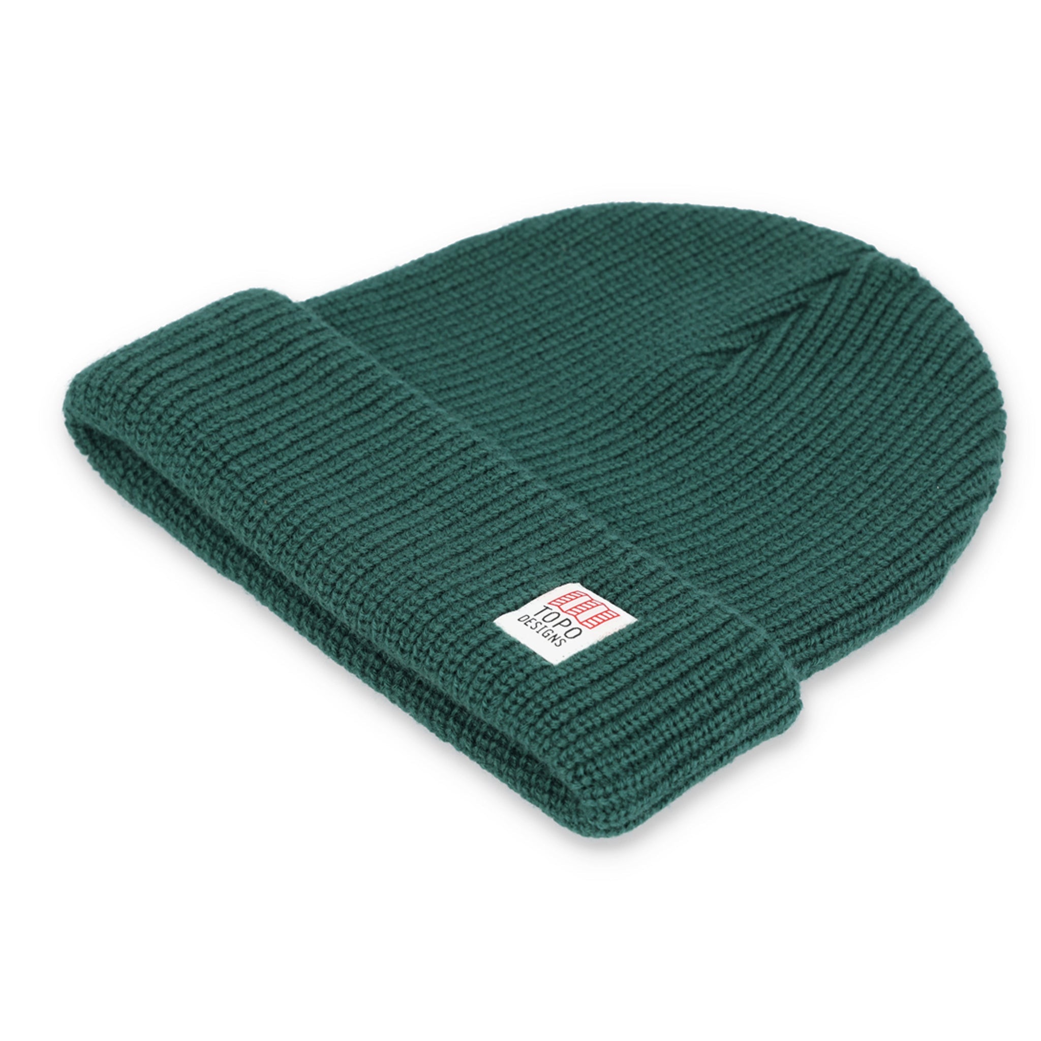 Detail shot of Topo Designs Watch Cap cuffed beanie in "forest" green.