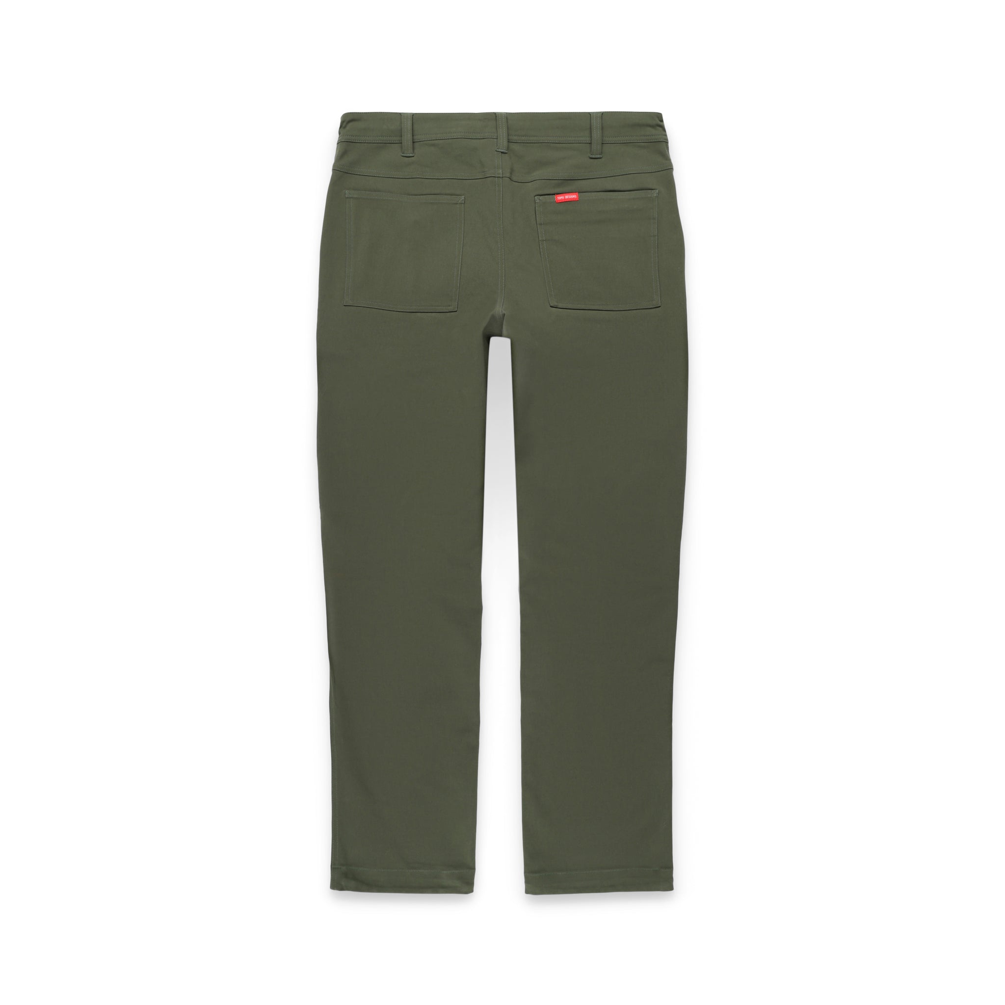 Back of Topo Designs Men's Global Pants lightweight cotton nylon travel pants in olive green.