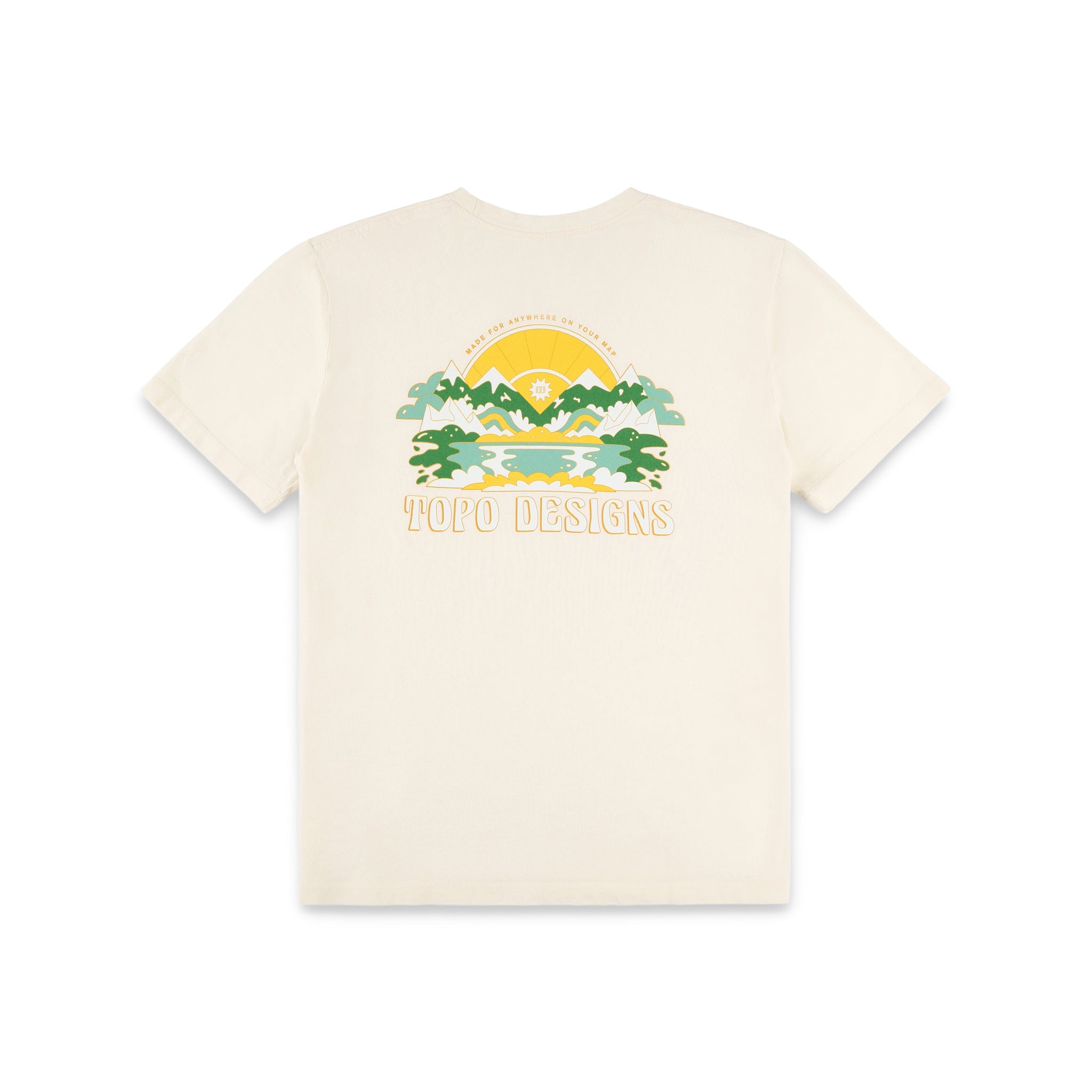 Back of Topo Designs Men's Peaks & Valleys short sleeve 100% organic cotton graphic t-shirt in "Natural" white.