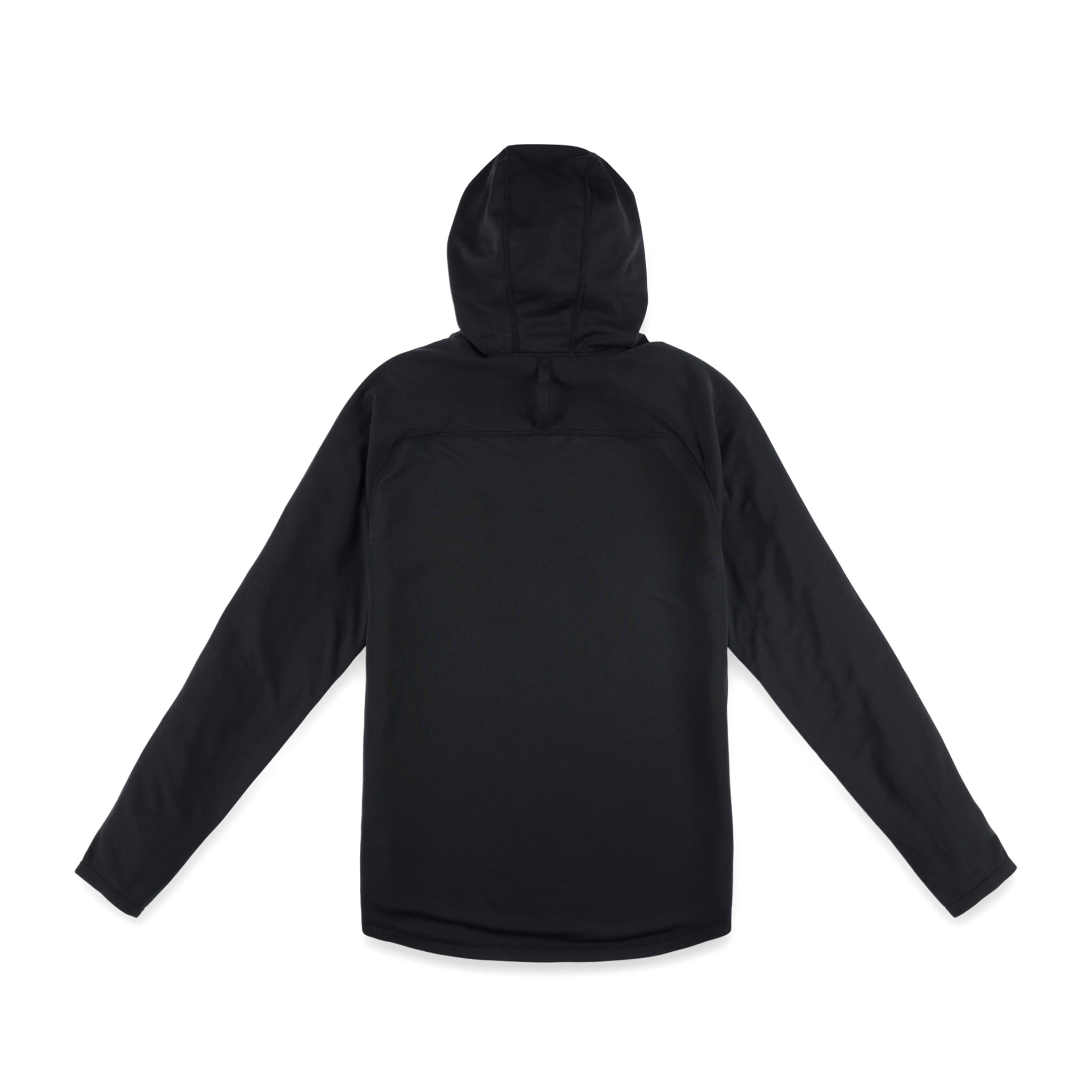 PackFast Packing Band on back of Topo Designs Men's River Hoodie 30+ UPF moisture wicking quick dry top in "Black".
