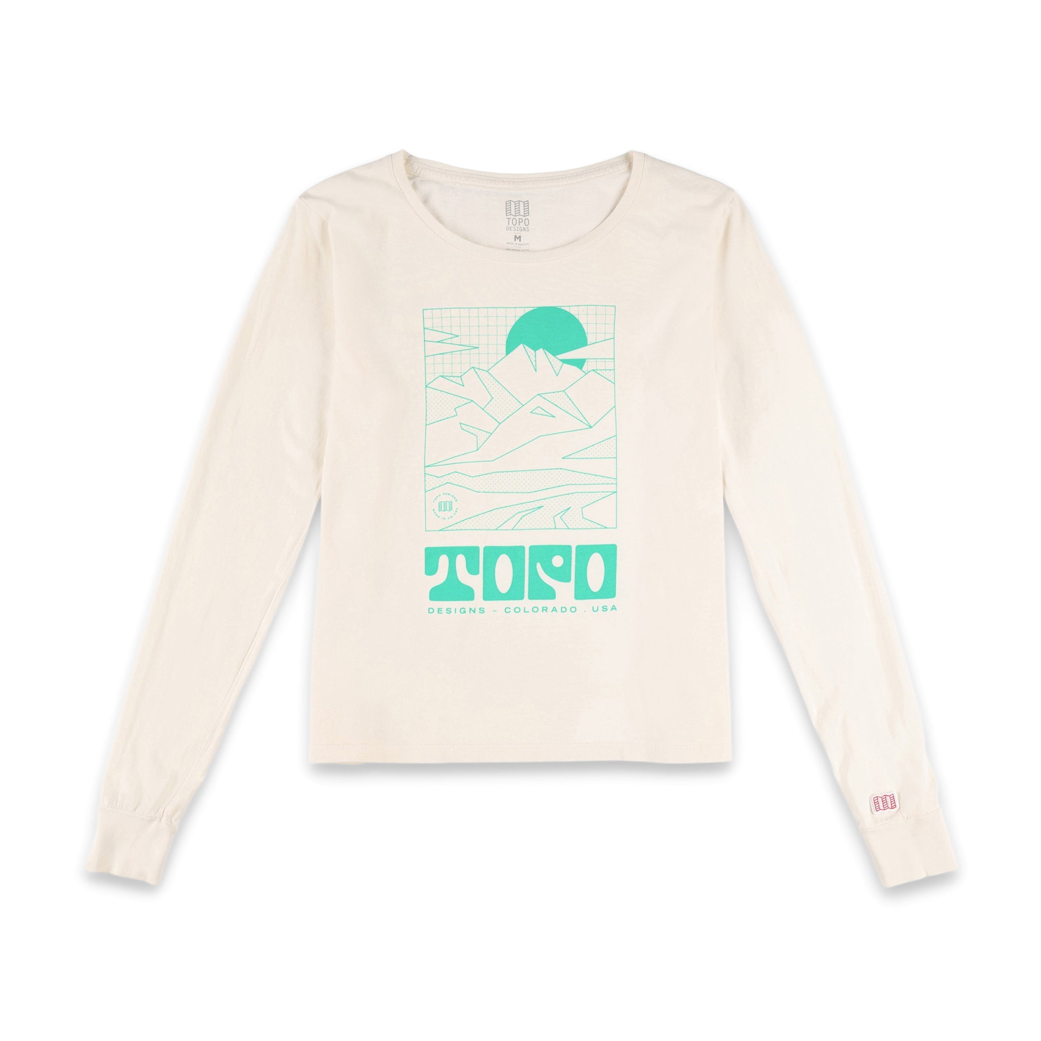 Topo Designs Women's Arcade Mountain Tee Long Sleeve 100% organic cotton graphic logo t-shirt in natural white.