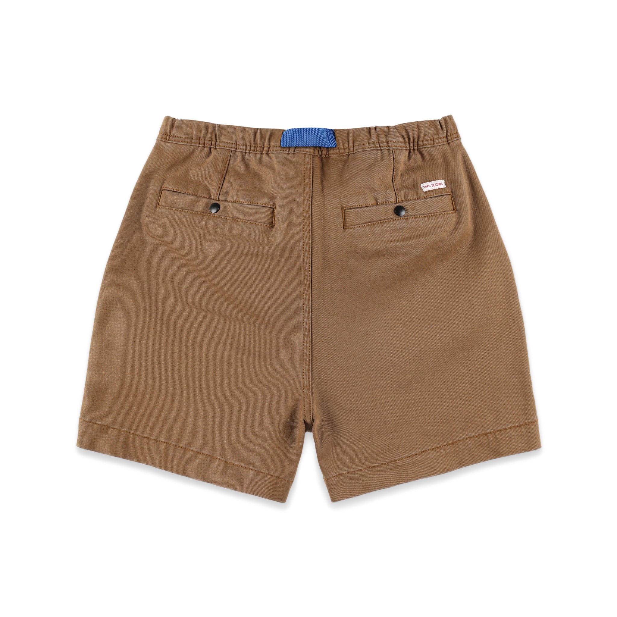 Back pockets on Topo Designs Women's Mountain Shorts in organic cotton "Dark Khaki" brown.