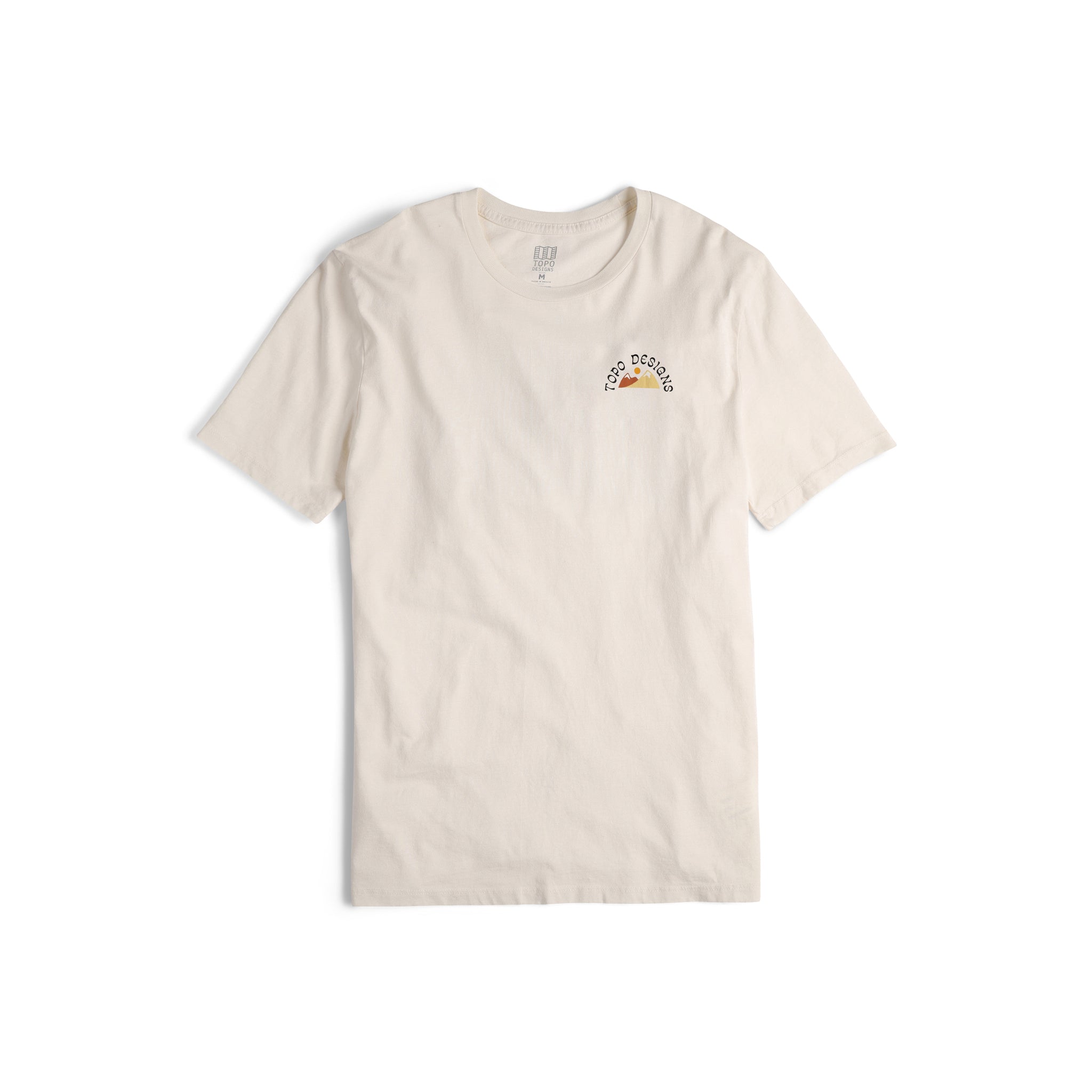 Front View of Topo Designs Men's Alpenglow Tee 100% organic cotton graphic short sleeve t-shirt in "natural" white.